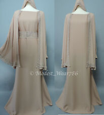 Dubai Cape Abaya Closed Rhinestones Pearl Muslim Women Maxi Dress Nude