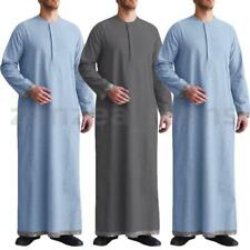 US STOCK Mens Long Sleeve Muslim Dishdash Arab Kaftan Islamic Jubba Thobe Robe